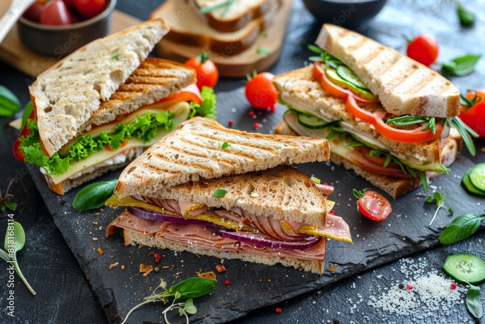 Poster a mouth-watering assortment of sandwiches with various fillings beautifully displayed on a slate tab