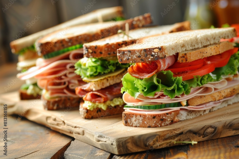 Poster a row of mouth-watering sandwiches lined up on a rustic wooden cutting board, showcasing various fil