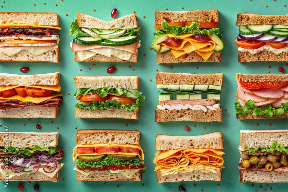 Poster a vibrant array of sandwiches with various fillings showcased on a lush green background, enticing a