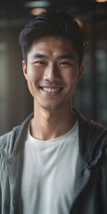 Portrait of young Asian handsome man smiling and looking camera with confidence, vertical orientation