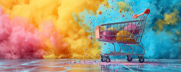 Shopping cart amidst colorful smoke clouds