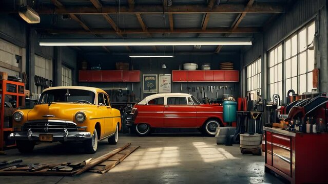 Oldtimer car in garage workshop background