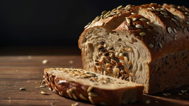 Multigrain Bread Loaf on Ceramic Plate.,Sliced multigrain bread with a variety of seeds and grains