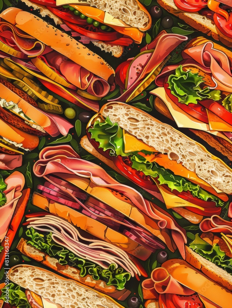 Aufkleber A seamless pattern of assorted sandwiches on a black backdrop creating a visually striking and appetizing design. Generative AI