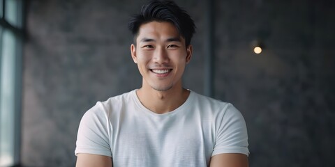 Portrait of young Asian man smiling and looking camera with confidence