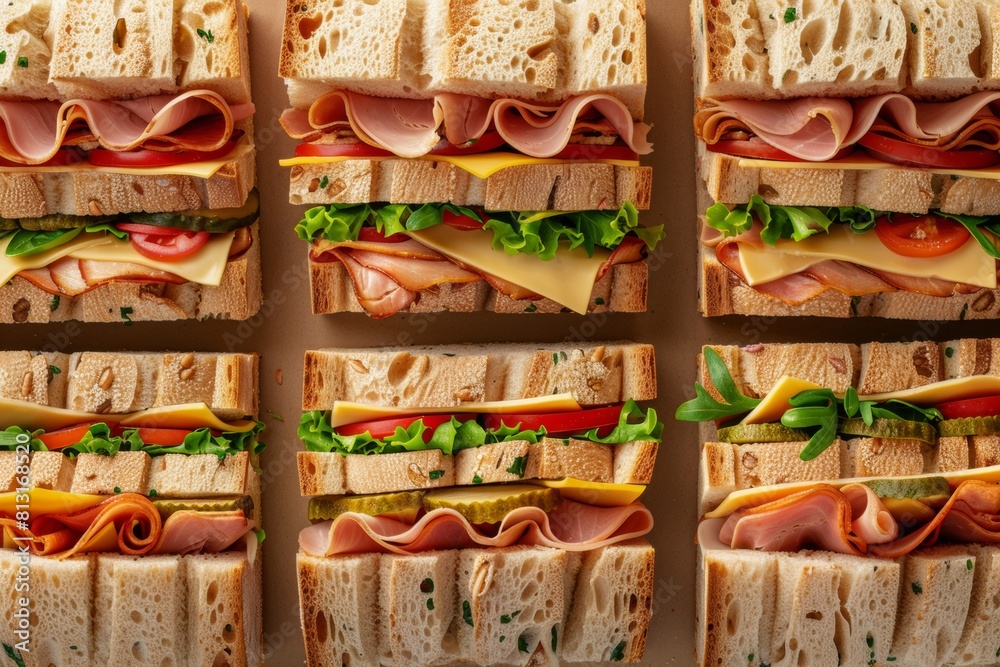 Poster an assortment of mouth-watering sandwiches with a variety of fillings, neatly lined up in a row, sho
