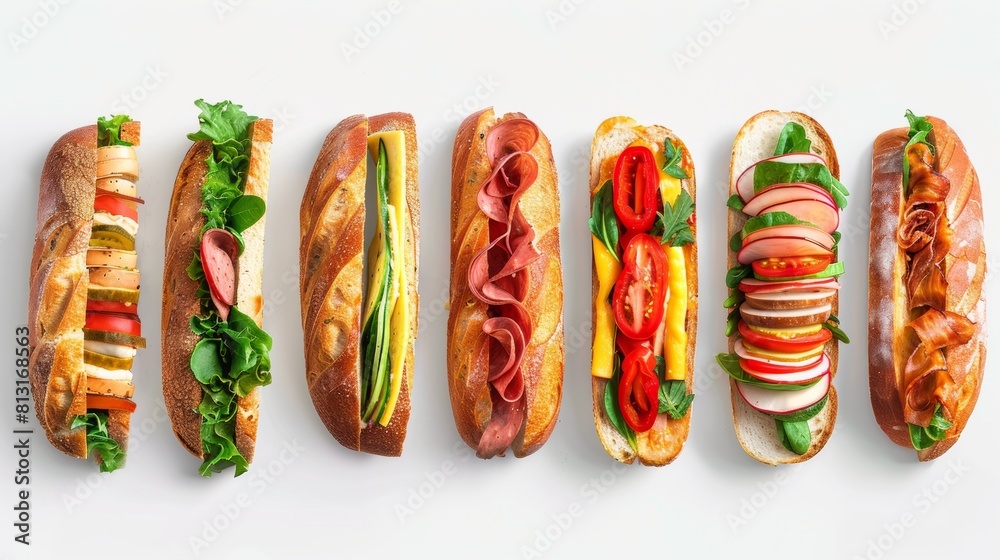 Aufkleber a colorful row of delectable sandwiches with various fillings lined up on a clean white background. 