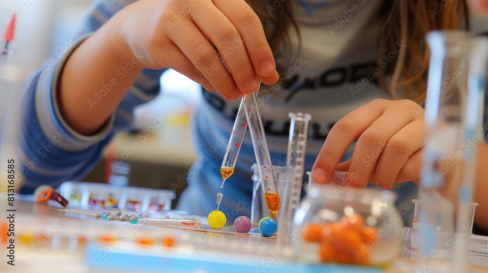 Poster close up of smart children hands learning about science by using toy in stem science lesson. skilled