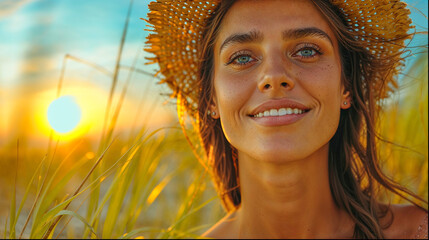 A portrait of a smiling young woman in a straw hat at sunset.