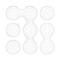 Metaball connected balls wireframe blue print. Y2k line 3d wavy grid of parallel planes cutting spherical shapes into slices. Vector wires warp and circle mesh wrap geometric tech molecule
