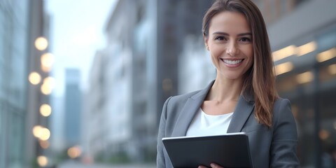 Successful businesswoman looking confident and smiling to camera with copy space for text, wide shot angel