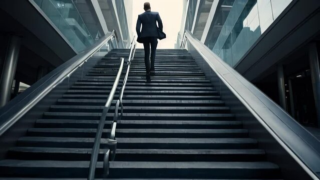 Ambitious businessman climbing the stairs to success. concept of career path success
