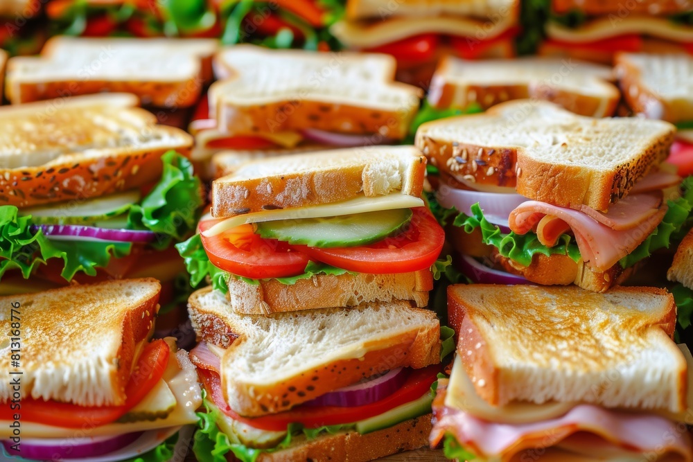 Poster a tower of delicious sandwiches, each filled with a variety of ingredients, stacked high and temptin