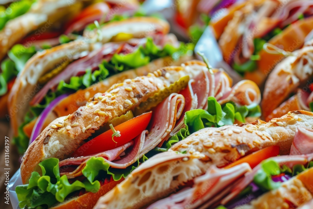 Poster a vibrant assortment of delectable sandwiches meticulously arranged on a table, showcasing a tantali