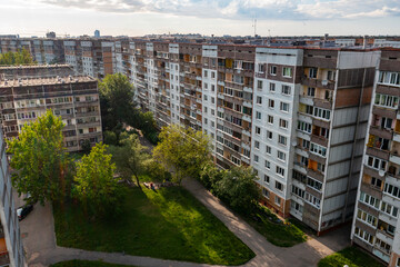 Blockmultystorej building in soviet style. Aerial view.