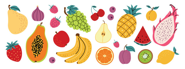 Collection of colorful fruit in a hand-drawn style. Seasonal fruits and berries. Vector illustration in flat style. Horizontal banner with white isolated background.