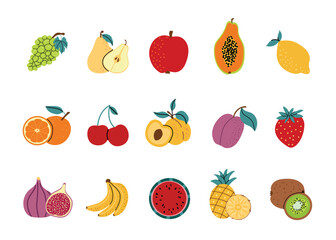 Set of fruit icons in flat style. Grape, pear, papaya, pineapple, kiwi. Collection of fruits, healthy food. Hand-drawn style, isolated white background.