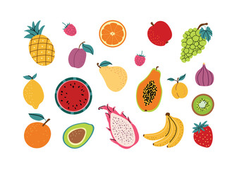 Set of cute fruits. Summer season. Vector elements in flat style. Various fruits and berries. White isolated background.