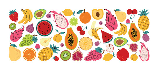Hand drawn fruit set. Vector various fruits and berries. Banana, kiwi, pineapple, pear, lemon, avocado. Horizontal banner with white isolated background.