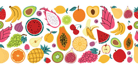 Seamless vector fruit banner. Hand drawn fruit set. Vector various fruits and berries. Banana, kiwi, pineapple, pear, lemon, avocado. Horizontal banner with white isolated background.
