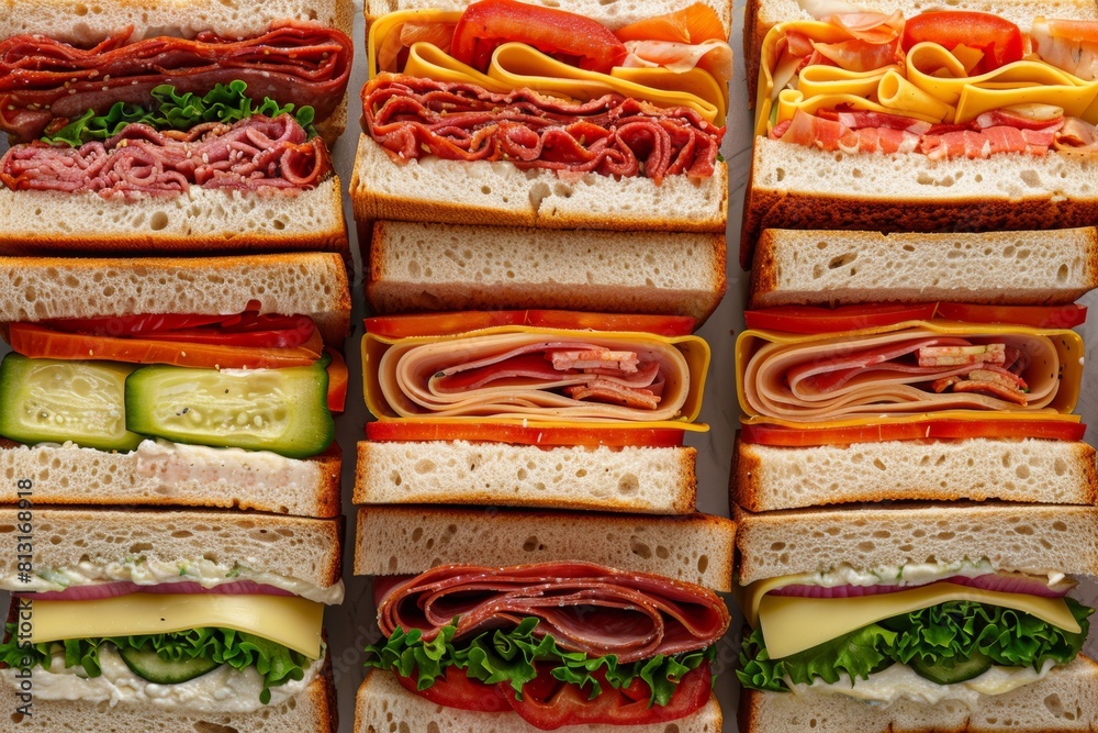 Poster an assortment of delectable sandwiches showcasing various fillings lined up in a row, tempting the v