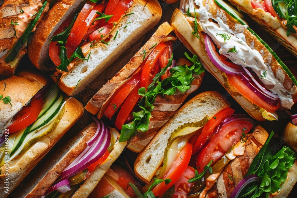 Poster A vibrant display of numerous sandwiches overflowing with various fillings on a rustic wooden table. Generative AI