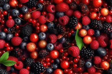 A detailed view of vibrant berries and green leaves, showcasing the intricate textures and colors in nature