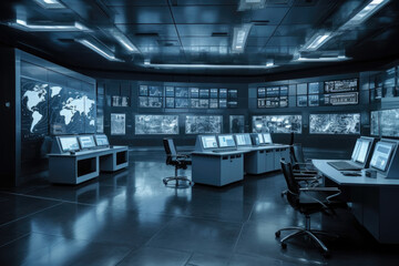 A dimly lit room packed with numerous computers and monitors displaying data and information