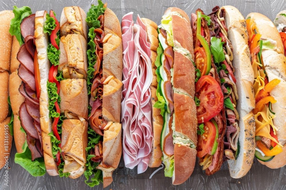 Aufkleber a mouth-watering display of a variety of sandwiches lined up in a row, showcasing different fillings