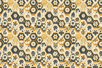Seamless hexagonal pattern with bees and flowers on a beige background