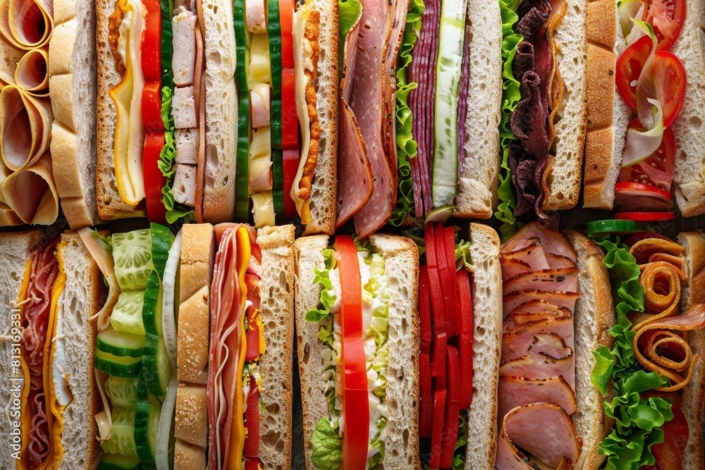 Poster A row of diverse sandwiches with assorted fillings, showcasing an array of flavors, textures, and colors in a culinary masterpiece. Generative AI