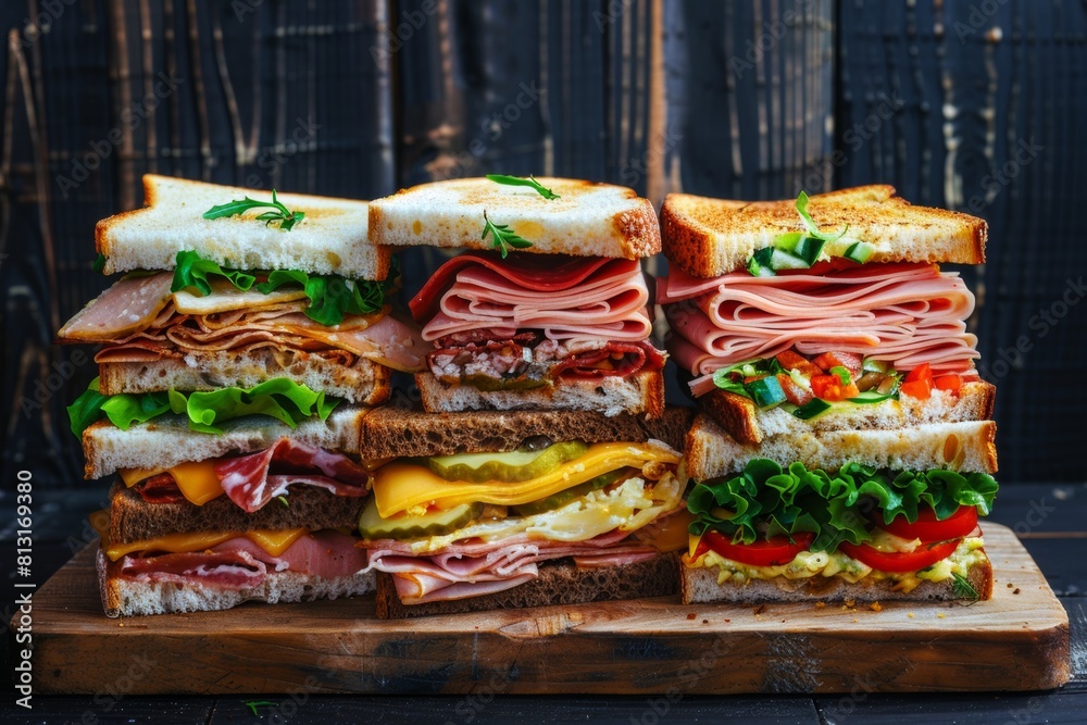 Poster a towering stack of assorted sandwiches standing tall on a rustic wooden cutting board. generative a