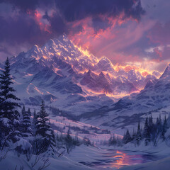 A natural landscape painting depicting a snowy world with mountains, trees, and a cloudy sky. The afterglow highlights the highland slope covered in snow