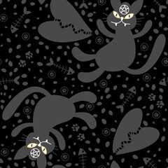 Cartoon Halloween animals seamless cats and fish bones pattern for wrapping paper and fabrics and kids clothes