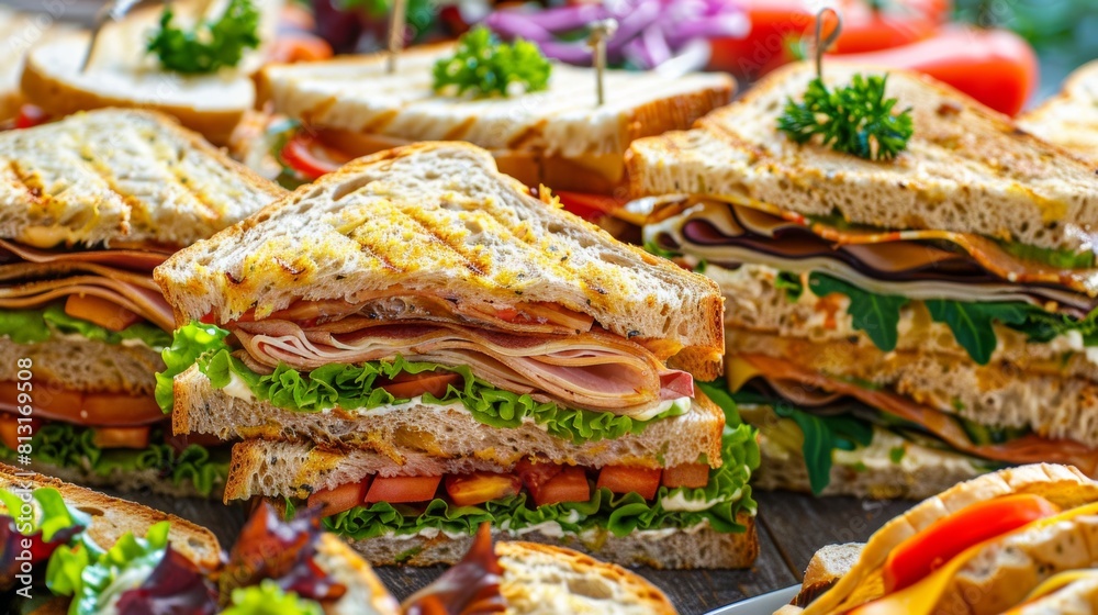 Aufkleber a tower of delectable sandwiches with various fillings stands tall on a rustic wooden table, ready t