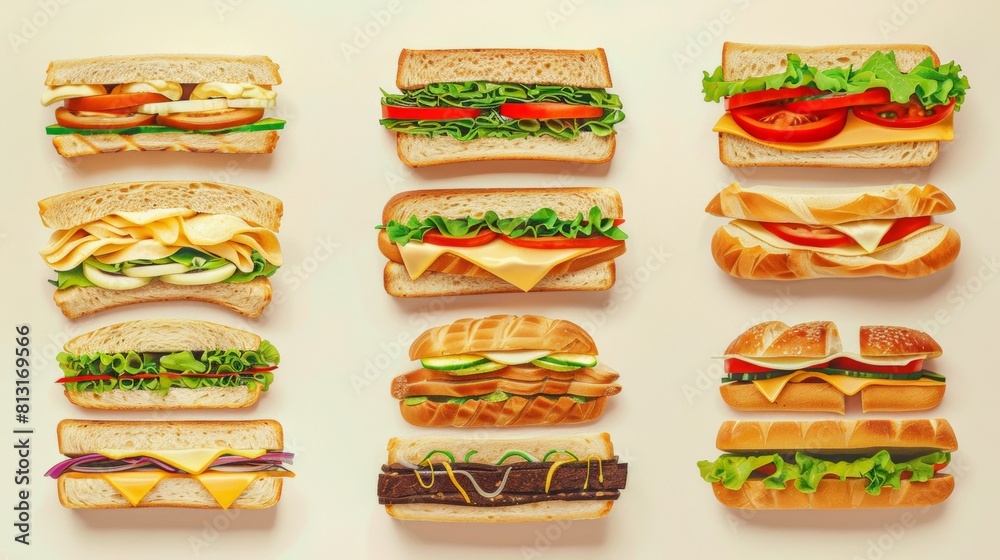 Poster a variety of mouth-watering sandwiches displayed on a crisp white background, showcasing an array of