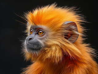 A close-up portrait of a golden lion tamarin, a small primate with greyish fur, possibly in the wild