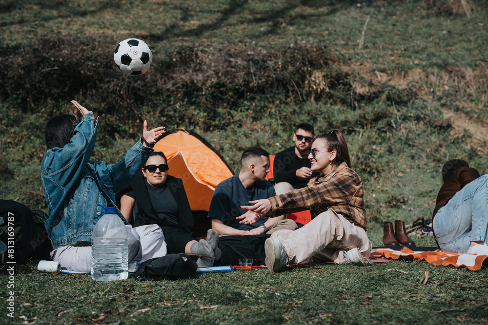 Wall mural Group of friends playing with a football during a picnic in a grassy field, capturing fun and leisure time