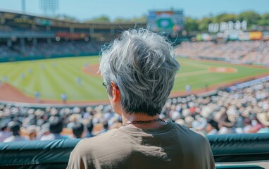 Fototapeta premium A woman with gray hair is sitting in a stadium watching a baseball game. The stadium is packed with people, and the woman is looking out over the field