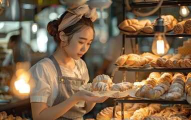 A woman is looking at a tray of pastries in a bakery. She is holding a pastry in her hand and she is deciding which one to buy. The bakery is well-lit and has a warm, inviting atmosphere