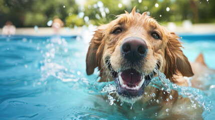 A golden retriever dog energetically swimming in a clear blue pool on a sunny day