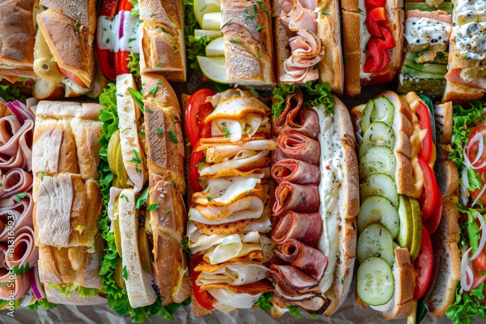 Poster a variety of sandwiches, each unique in its filling and presentation, are meticulously arranged on a