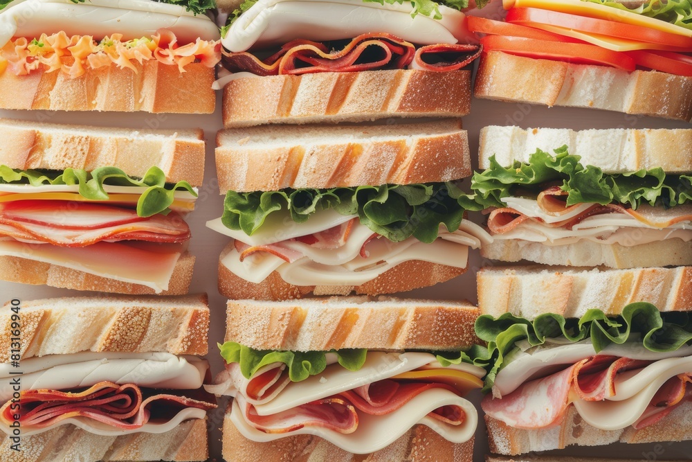 Poster an assortment of delicious sandwiches with a range of fillings beautifully arranged on a pristine wh