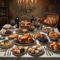 Fototapeta premium Indulge in a European culinary symphony: succulent roasts, vibrant salads, fine wines, and champagne. A visual feast inviting celebration.