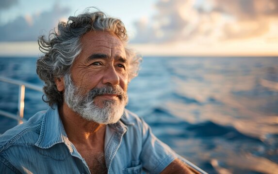A man with a beard and gray hair is smiling at the camera while sitting on a boat. The scene is peaceful and serene, with the man enjoying the view of the water