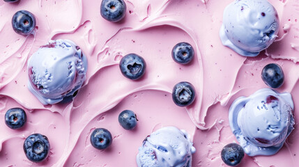 A scoop of vanilla ice cream topped with fresh blueberries on a vibrant pink background