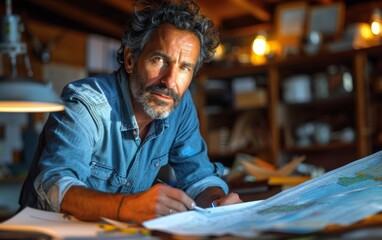 A man is looking at a map and writing on it. He is wearing a blue shirt and has a beard