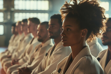 A black woman surrounded by men on judo training