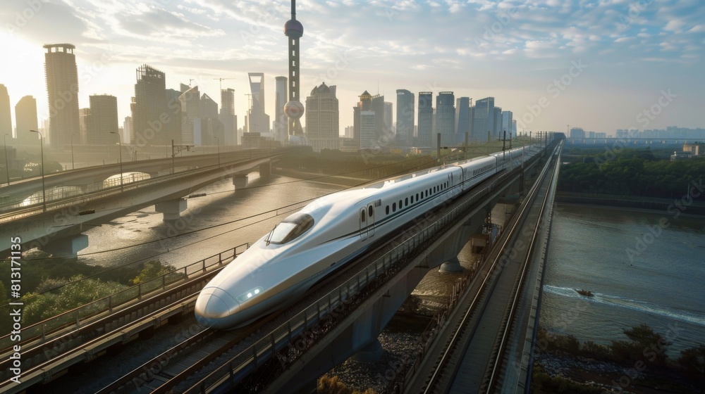 Poster a high-speed train passing through an urban landscape, illustrating efficient mass transit systems i