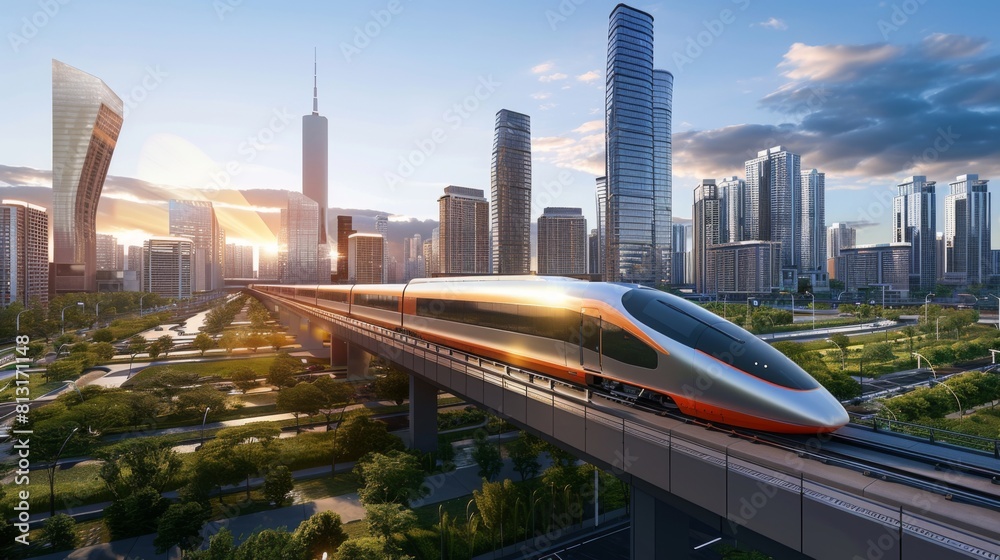 Poster a high-speed train passing through an urban landscape, illustrating efficient mass transit systems i